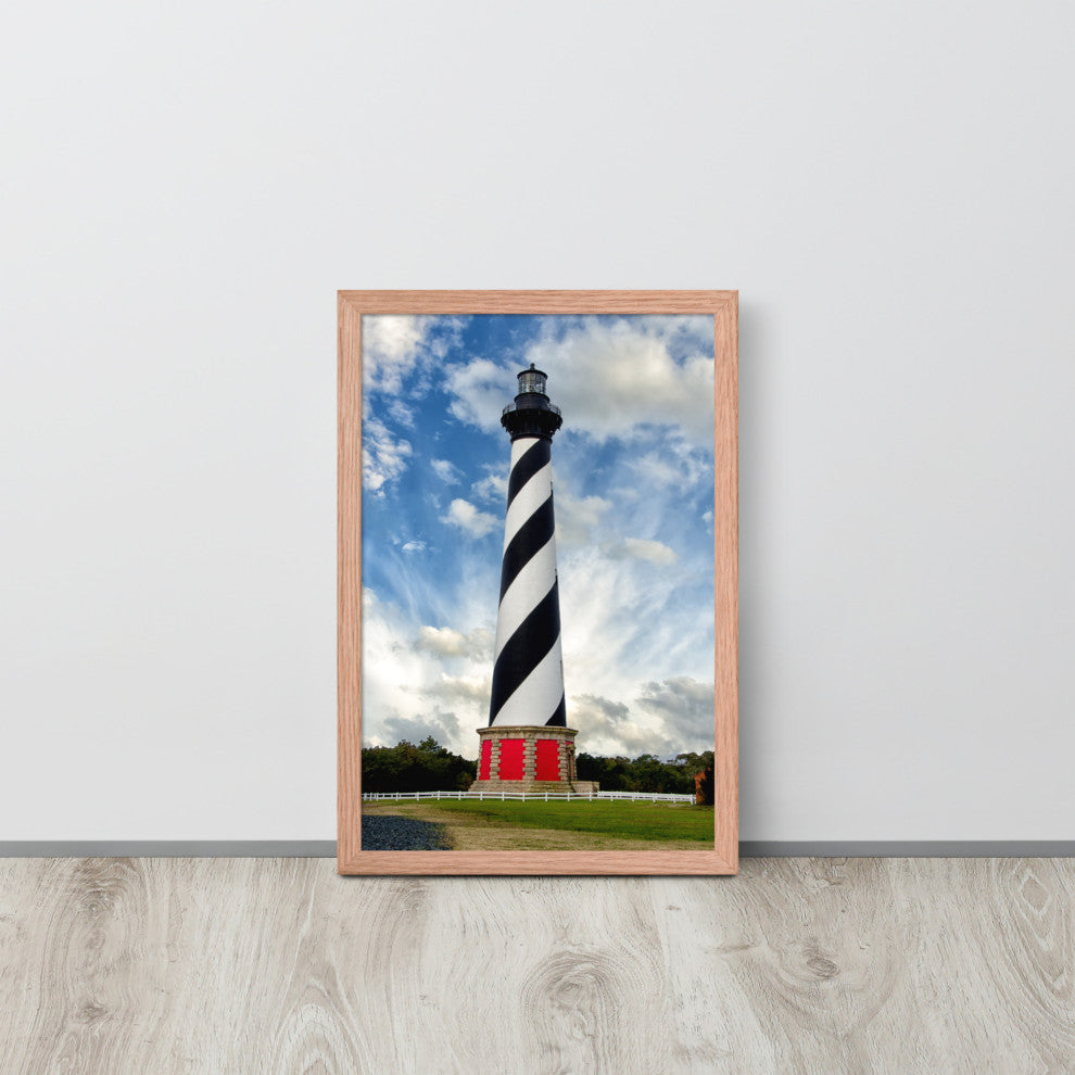 Cape Hatteras Lighthouse Coastal Landscape Framed Photo Paper Wall Art Prints, Red Oak, 12" X 18"