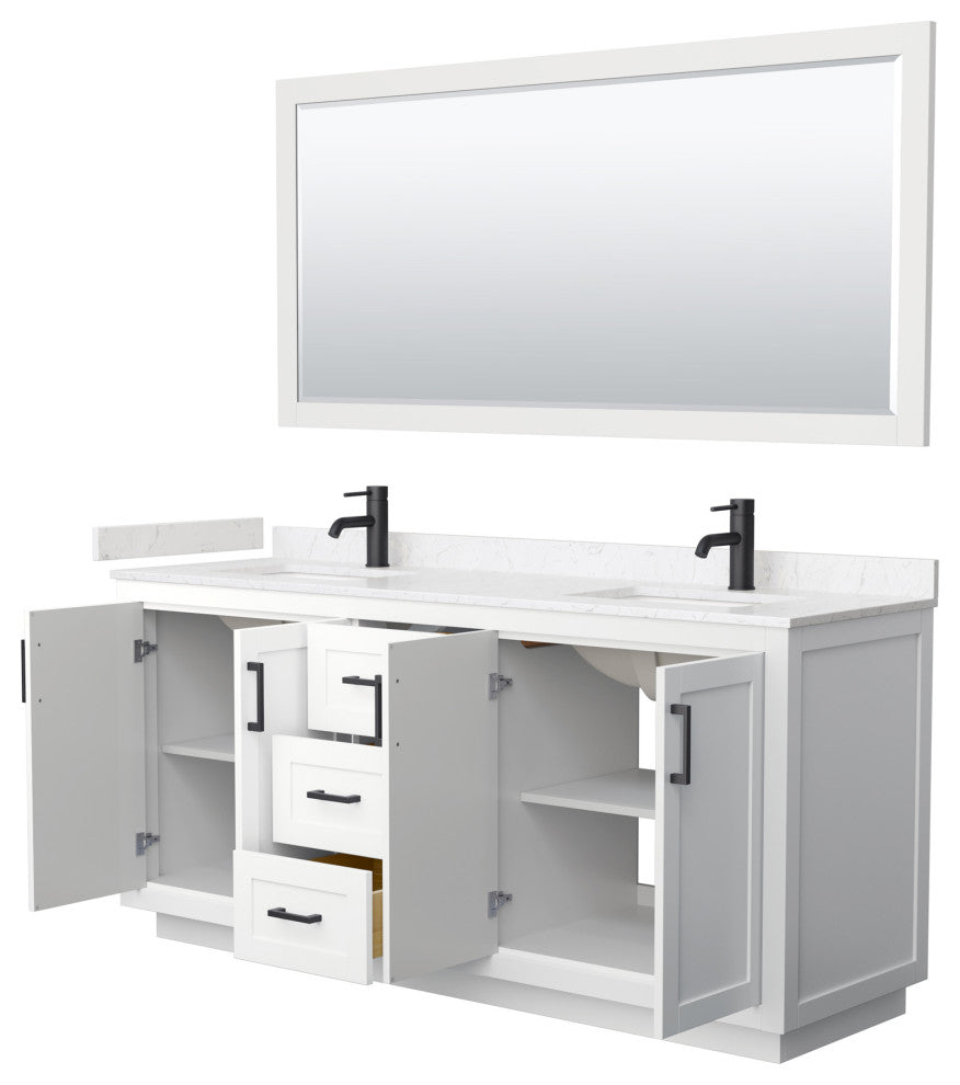 72"DBL Vanity White, Light-Vein Carrara Cult. Top, Sinks, Black Trim, 70"Mirror