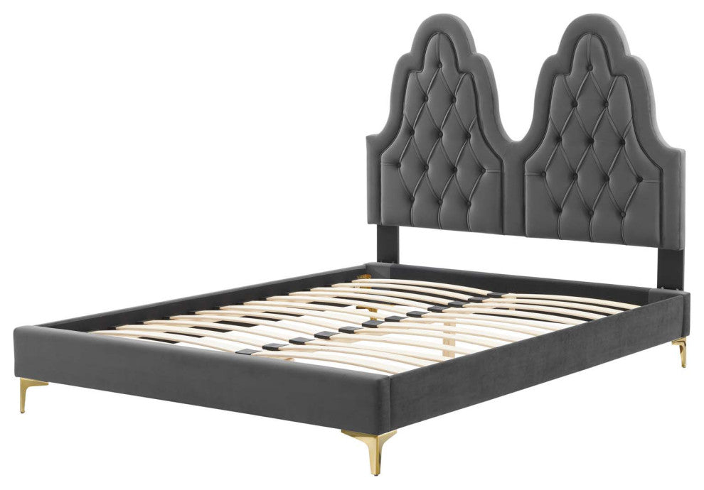 Tufted Platform Bed Frame, King Size, Velvet, Gray, Modern Contemporary