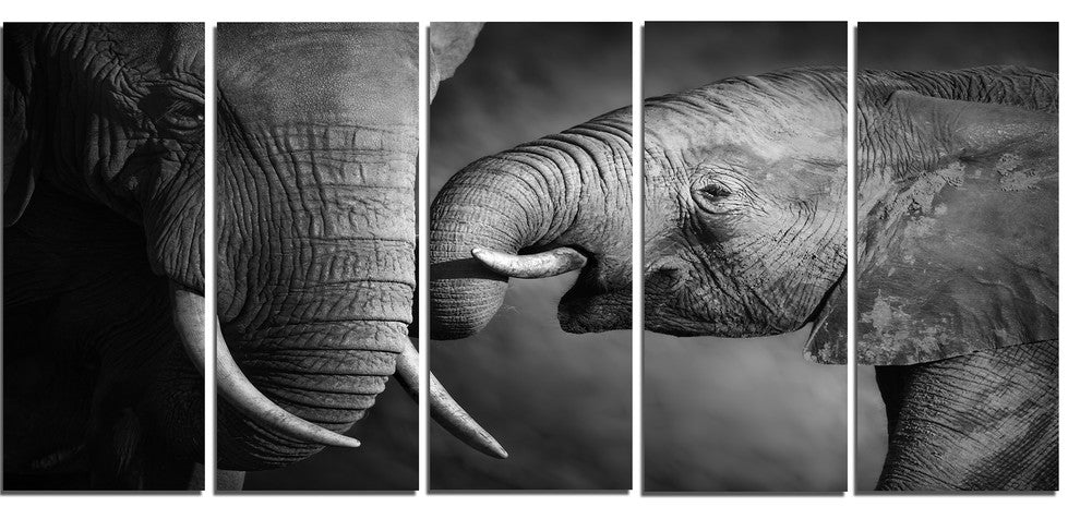 Elephants Showing Affection, Abstract Canvas Art Print, 60"x28", 5 Panels