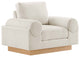 Modern Fabric Armchair with Wooden Plinth Base, Bolster Chair, Ivory
