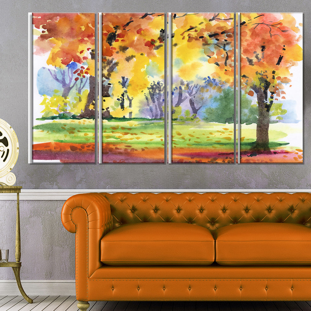"Autumn Park Yellow Trees Watercolor" Landscape Wall Wall Art, 4 Panels, 48"x28"