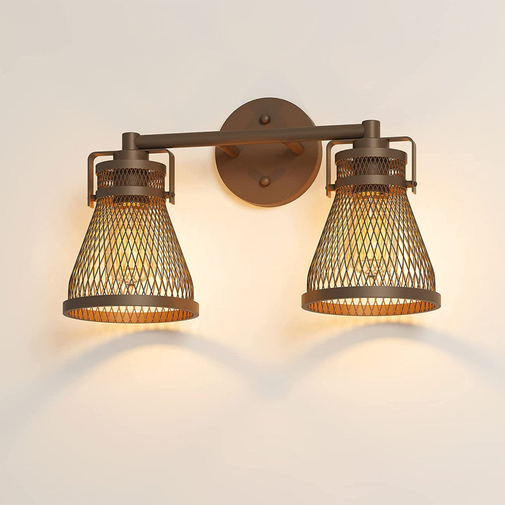2 light farmhouse wall ight with bronze finish industrial mesh wall light