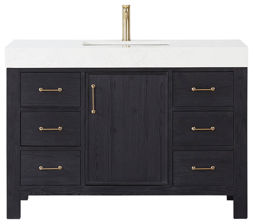 Leon Bath Vanity With Composite Stone Top, Fir Wood Black, 48", No Mirror