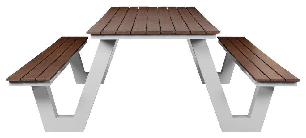 Benzara BM287777 Picnic Table, Rich Brown Polyresin Slats, Aluminum Frame