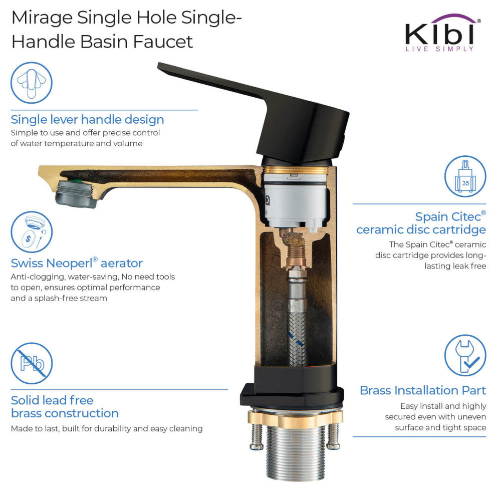 KIBI Mirage Single Handle Bathroom Faucet, Matte Black, With Drain