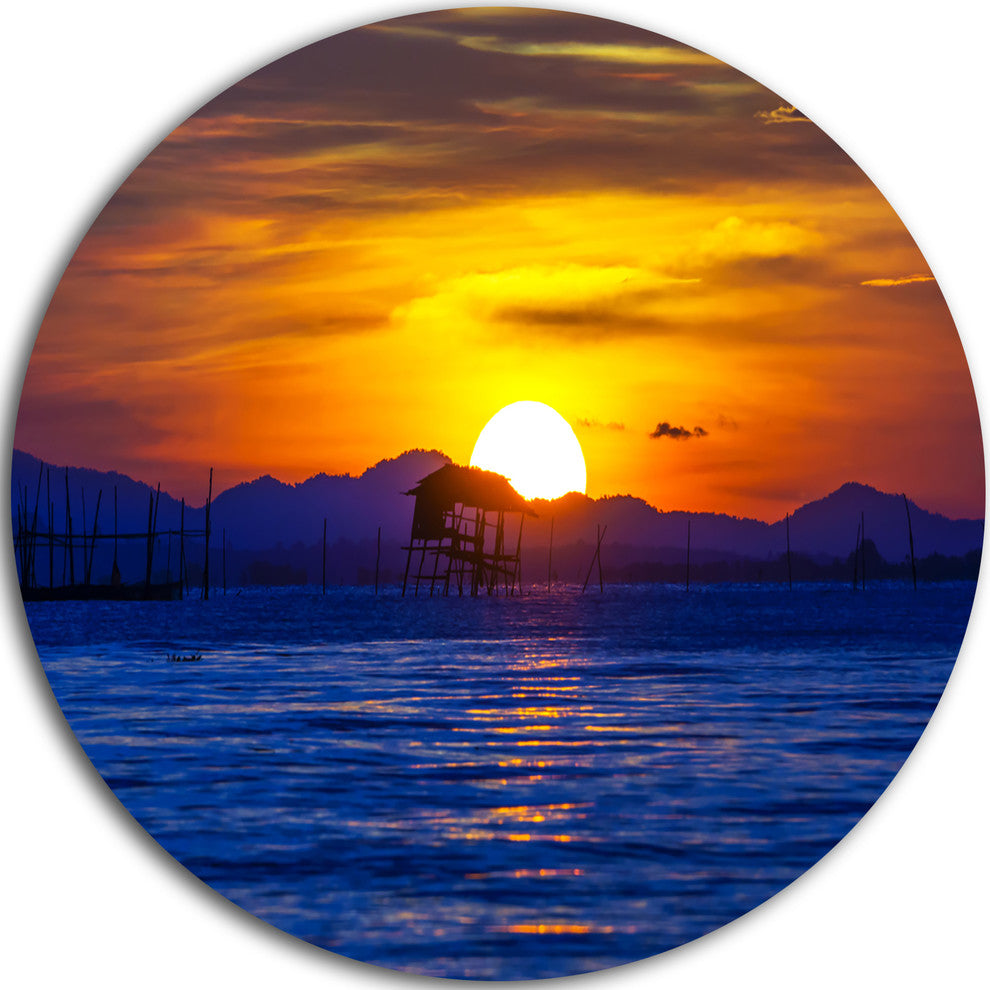 Old Wooden Pavilion In Sea, Seascape Photo Round Wall Art, 36"