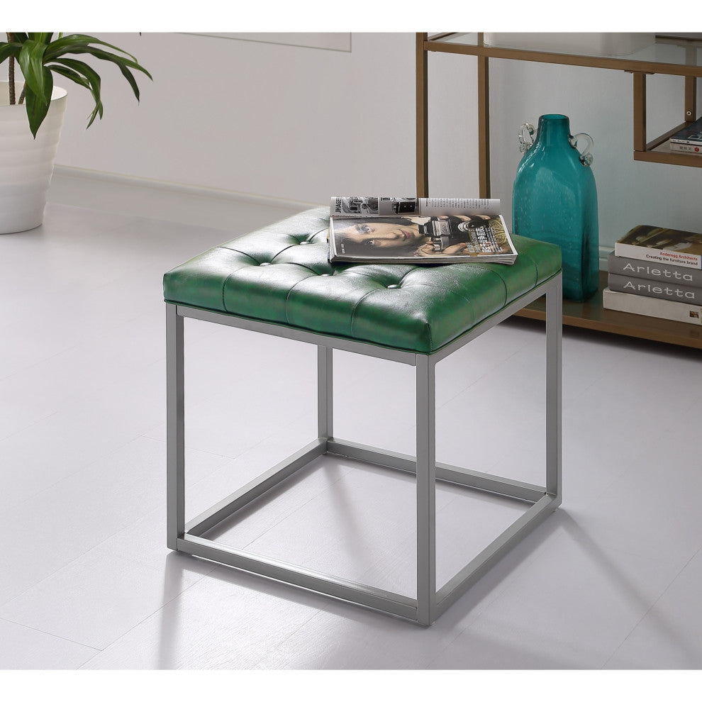 Teresa PU Leather Button Tufted Metal Frame Cube Ottoman, Green
