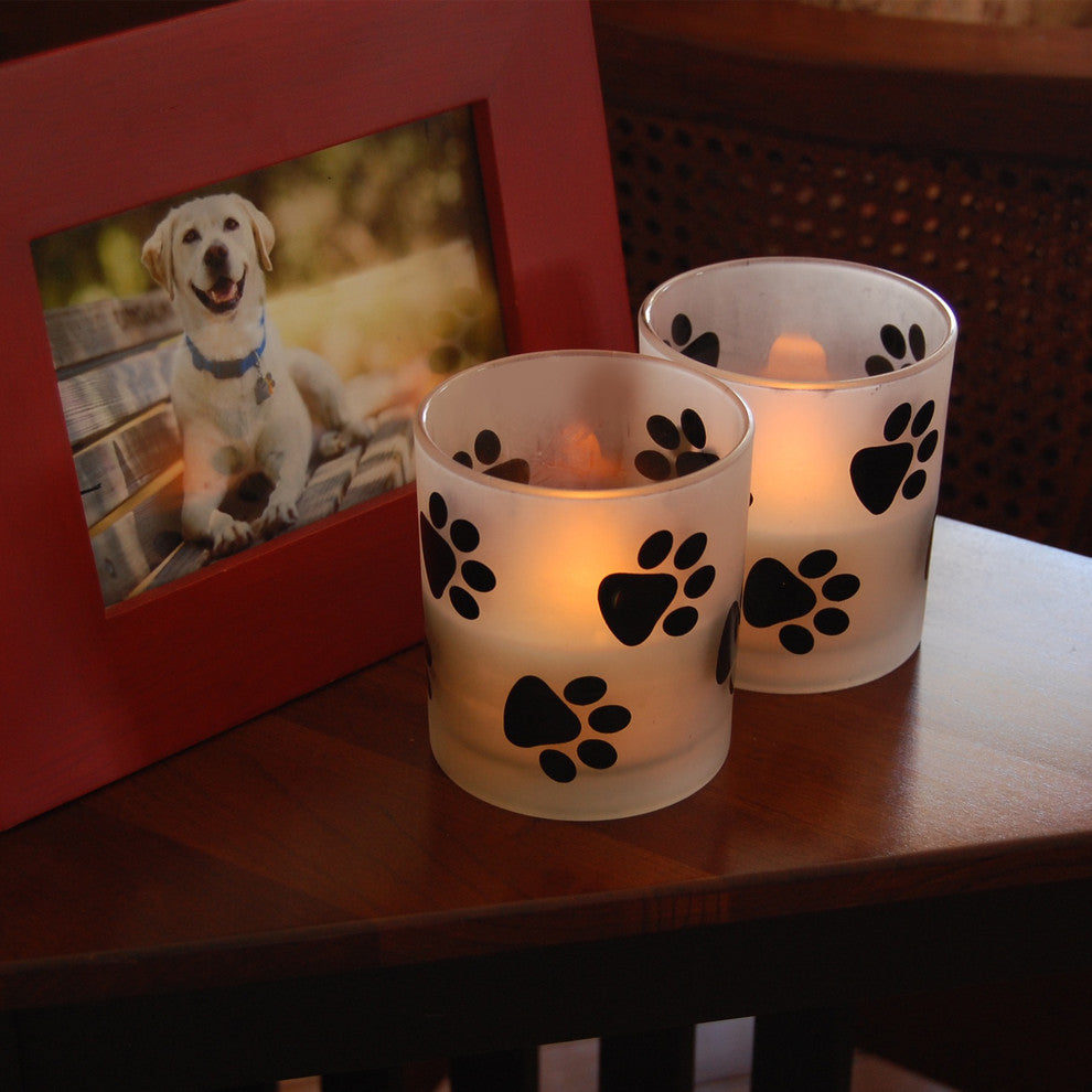 Glass Led Candles, Paw Prints, Set of 2