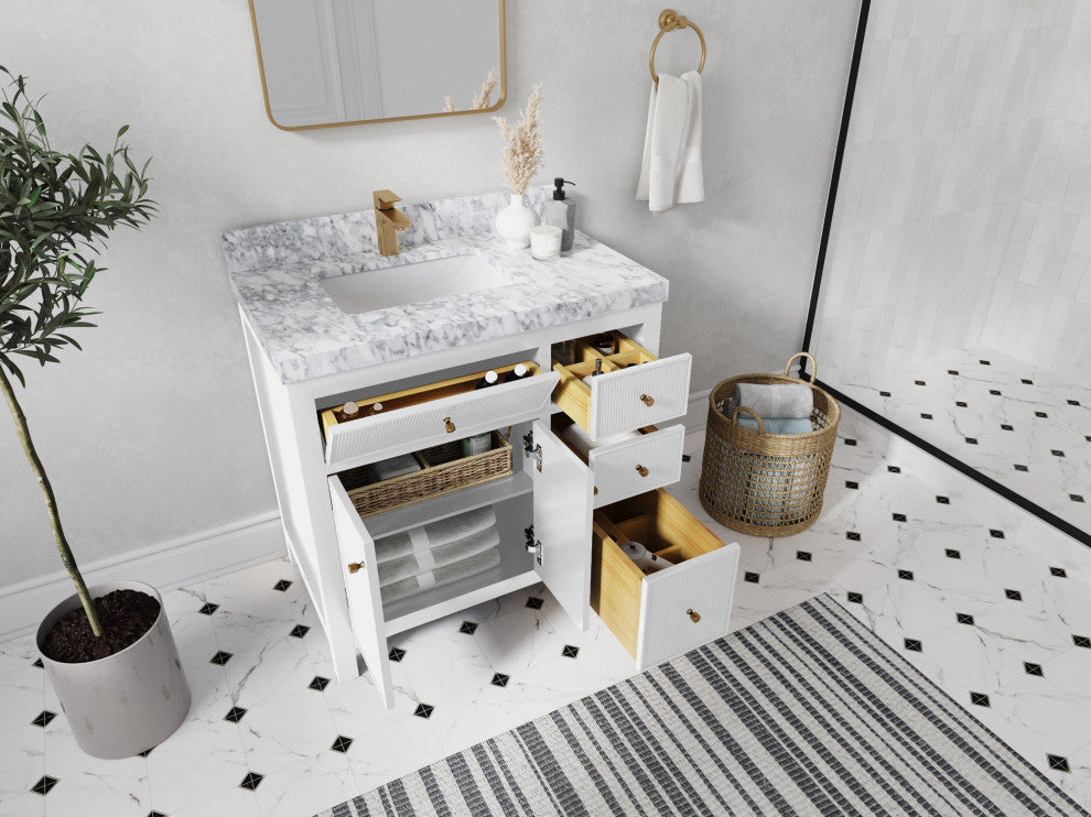 Sonoma 36 Left Offset Reeded  Bath Vanity in White 2" Carrara Quartz