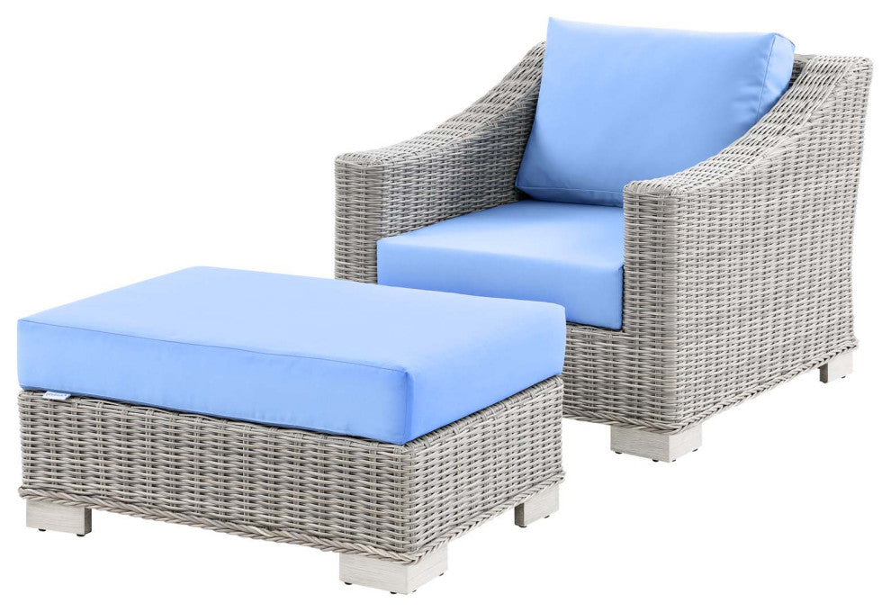 Side Chair Armchair and Ottoman, Rattan, Wicker, Gray Blue, Modern, Outdoor