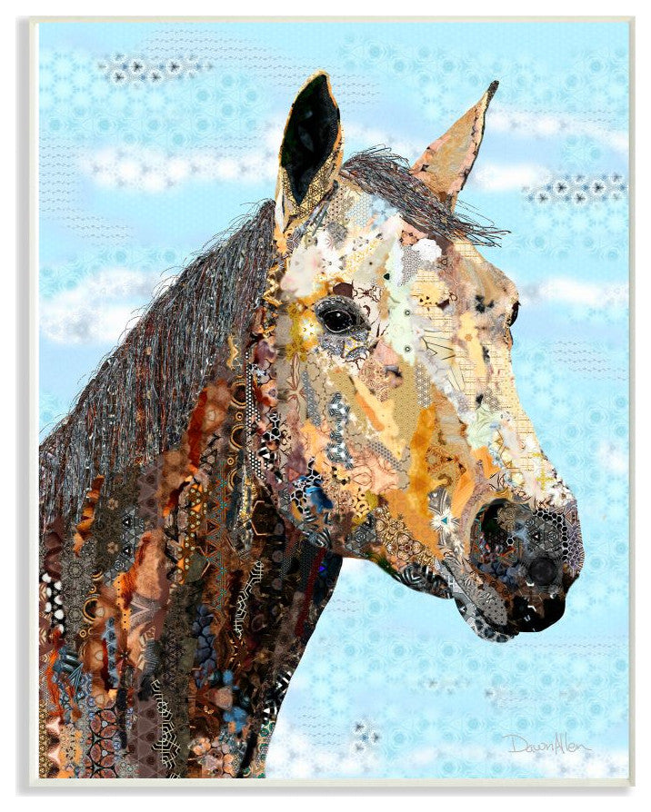 Colorful Abstract Horse Animal Blue Collage Design, 12"x18"