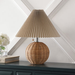 Scandinavian Rattan/Iron Sphere LED Table Lamp With Pleated Shade and Pull Chain