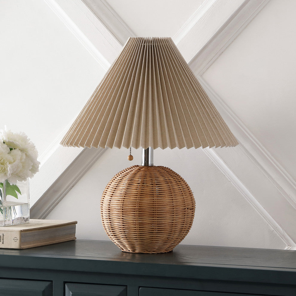 Scandinavian Rattan/Iron Sphere LED Table Lamp With Pleated Shade and Pull Chain