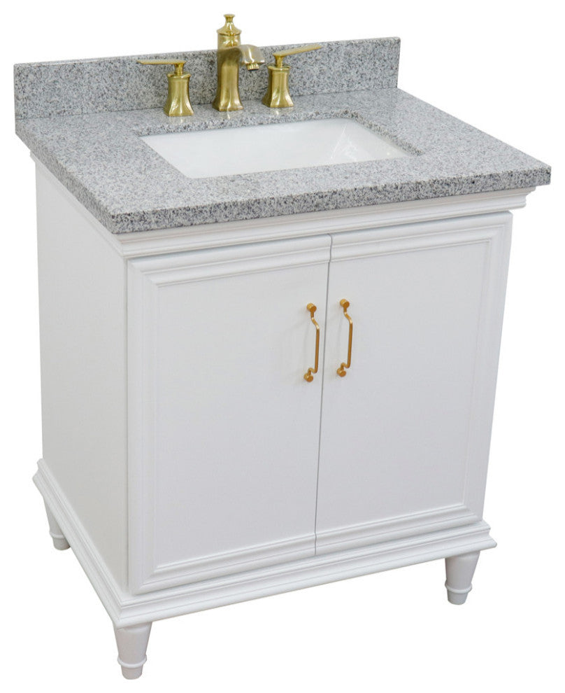 31" Single Vanity, White Finish With Gray Granite And Rectangle Sink