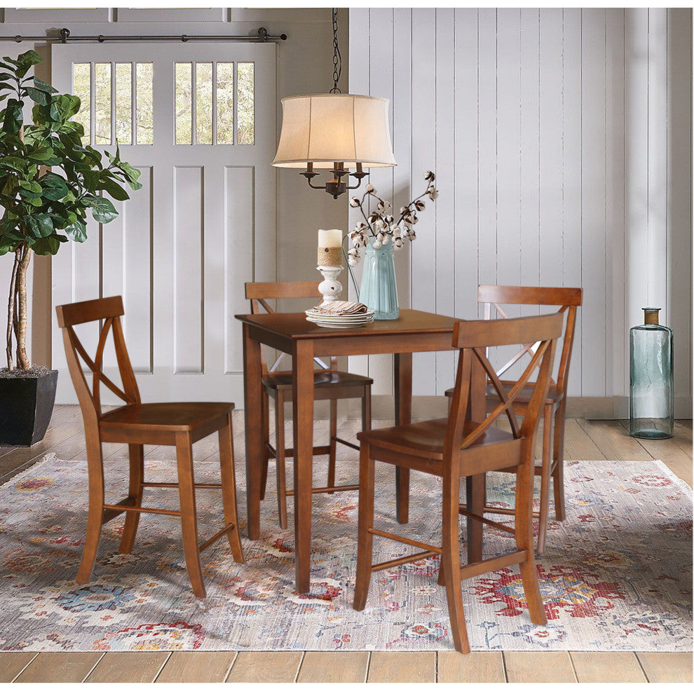 30" x 30" Counter Height Dining Table with 4 X-Back Stools, 24" Seat Height