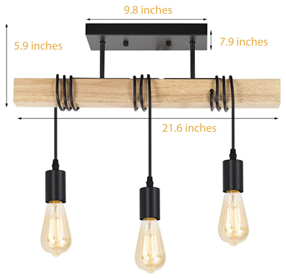 3-Light wood ceiling light Black rustic kitchen light fixtures farmhouse light