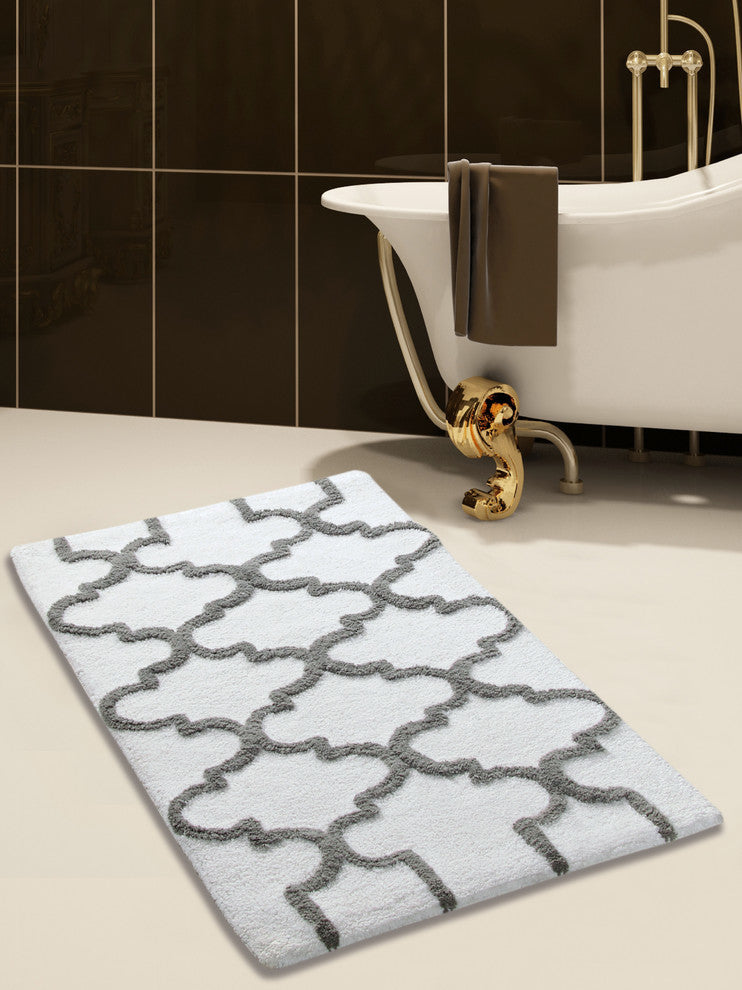 GSF 180 Geomatrics Cotton Bath Rug, 2-Piece Set, White, 24"x17"/34"x21"