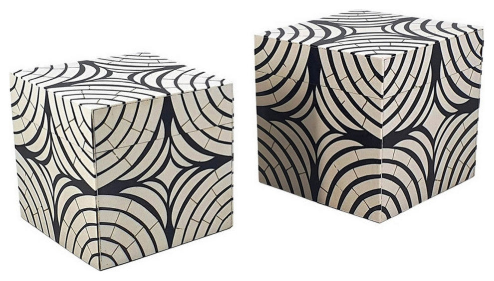 8, 7 Inch Storage Box Set of 2, Wood Frame, Black and White Trellis