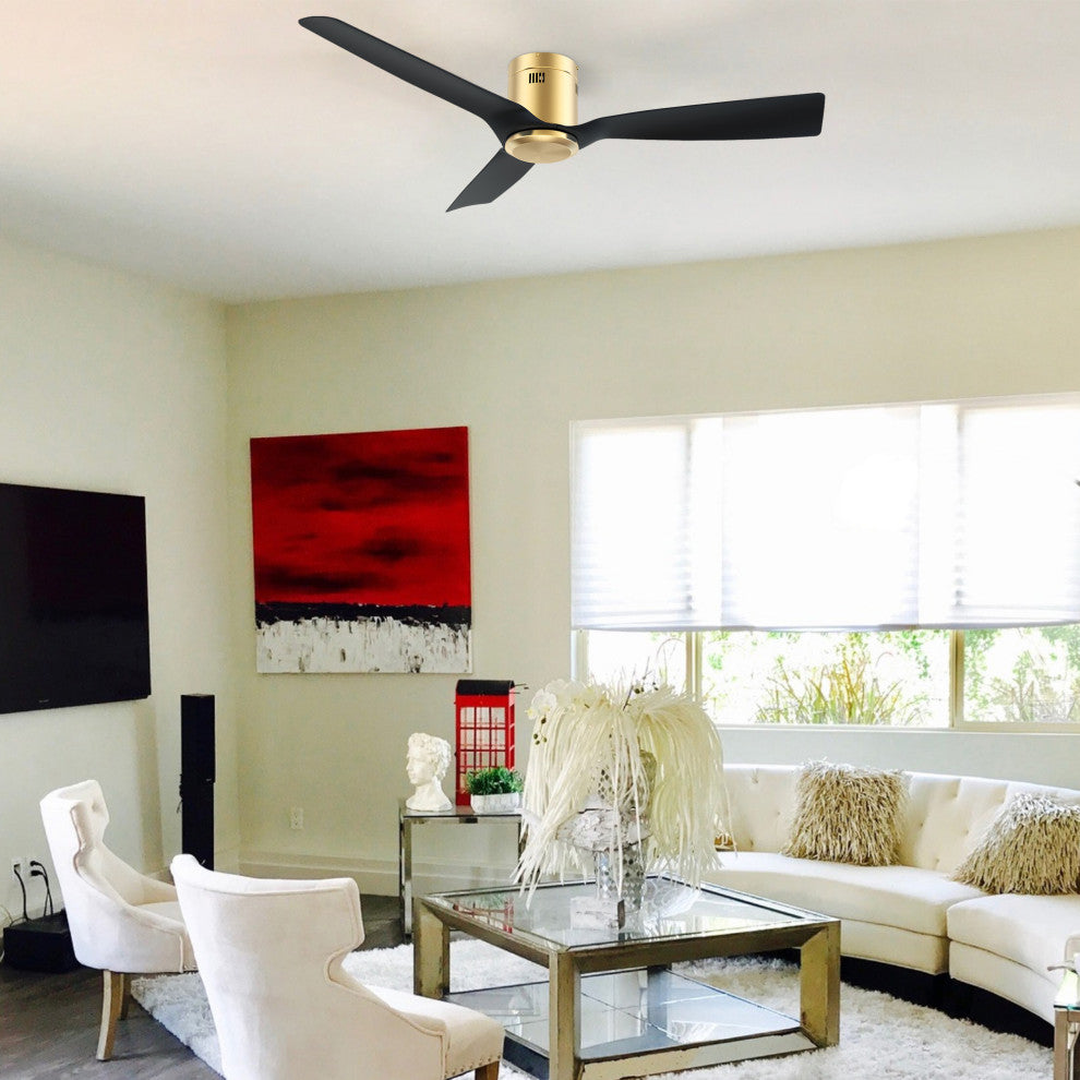 CARRO 52" 3 Blades Flush Mount Ceiling Fan with Remote Control No Light, Black/Gold