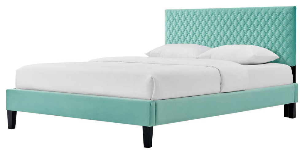 Platform Bed Frame, King Size, Blue, Velvet, Modern, Bedroom Master Guest Suite