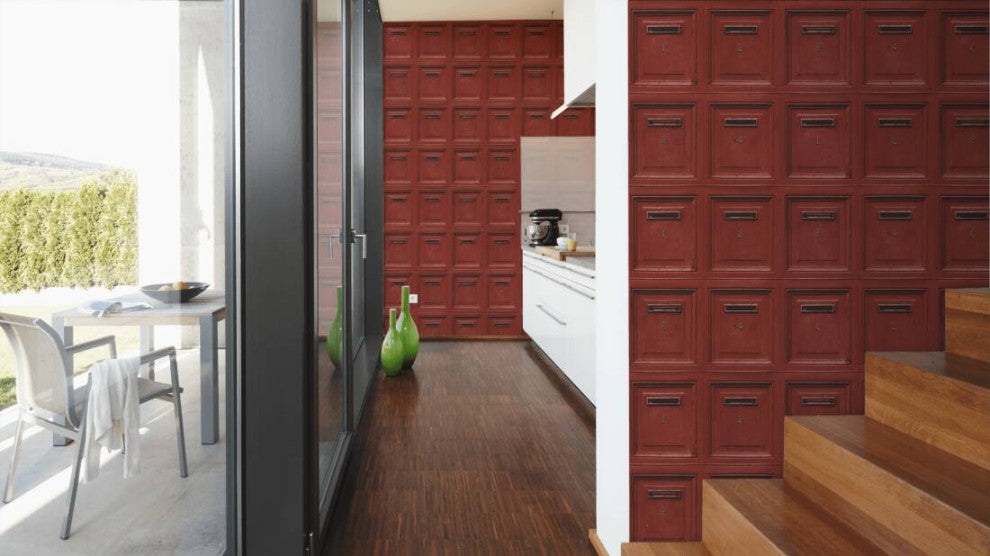 Loft Nature Textured Wallpaper, Numbered Post Boxes, Red Black, Sample