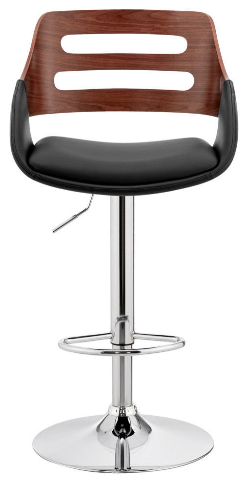 Karter Adjustable Faux Leather/Wood Barstool, Black and Walnut With Chrome Base