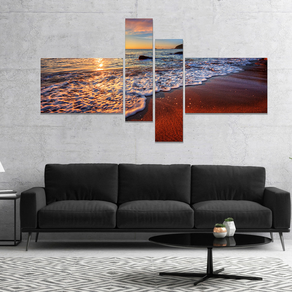 Stunning Ocean Beach at Sunset, Seashore Canvas Art Print, 60"x32", 4 panels