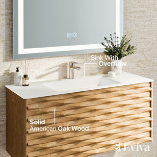 Eviva Oahu 44"W Oak Wall Mount Bath Vanity, White Solid Surface Countertop