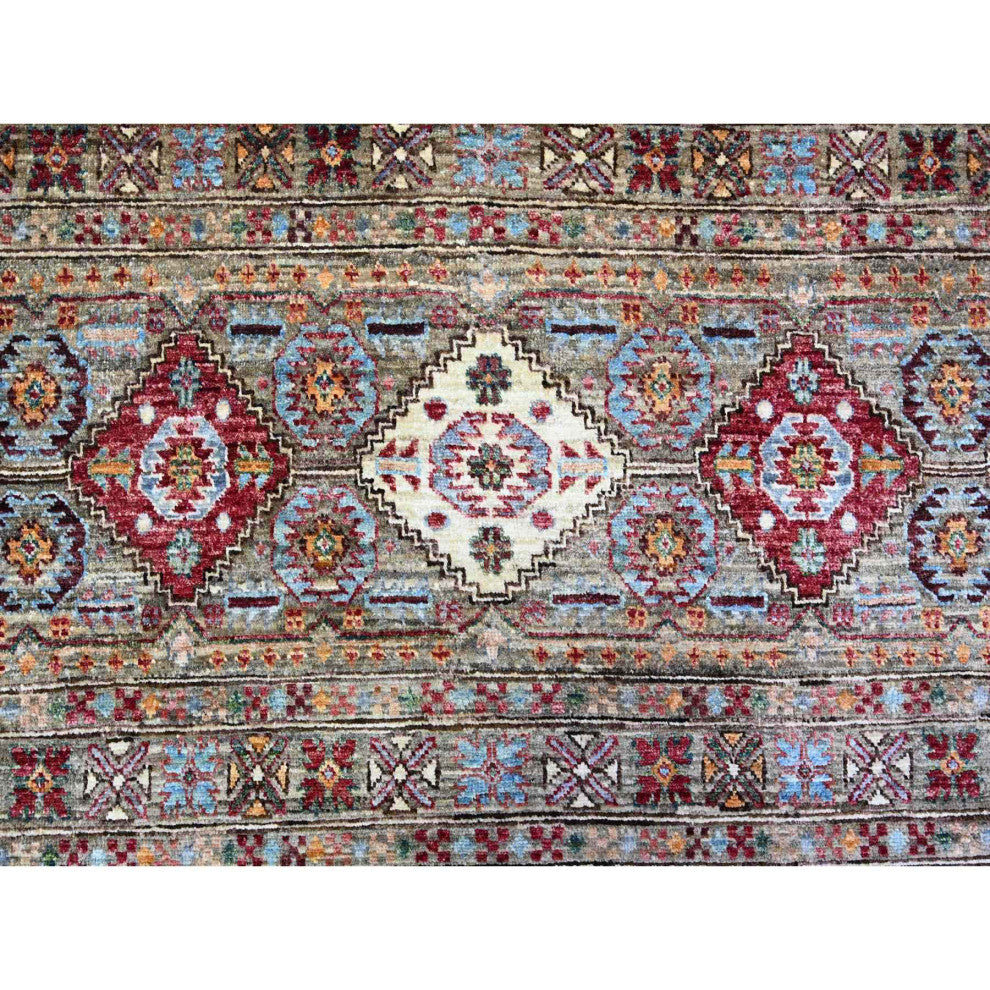 Sage Gray Afghan Super Kazak Hand Knotted Shiny Wool Oriental Rug, 8'6"x11'8"