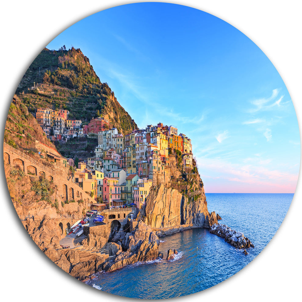 Manarola Village Cinque Terre Italy, Seashore Disc Metal Artwork, 11"