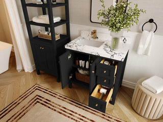 Nashville 36" Left Offset Bath Vanity, Black 2" Calacatta Nuvo