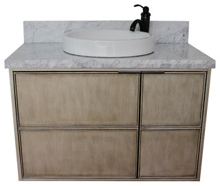 37" Single Wall Mount Vanity, Linen Brown Finish With White Carrara Top
