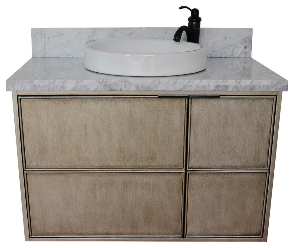 37" Single Wall Mount Vanity, Linen Brown Finish With White Carrara Top