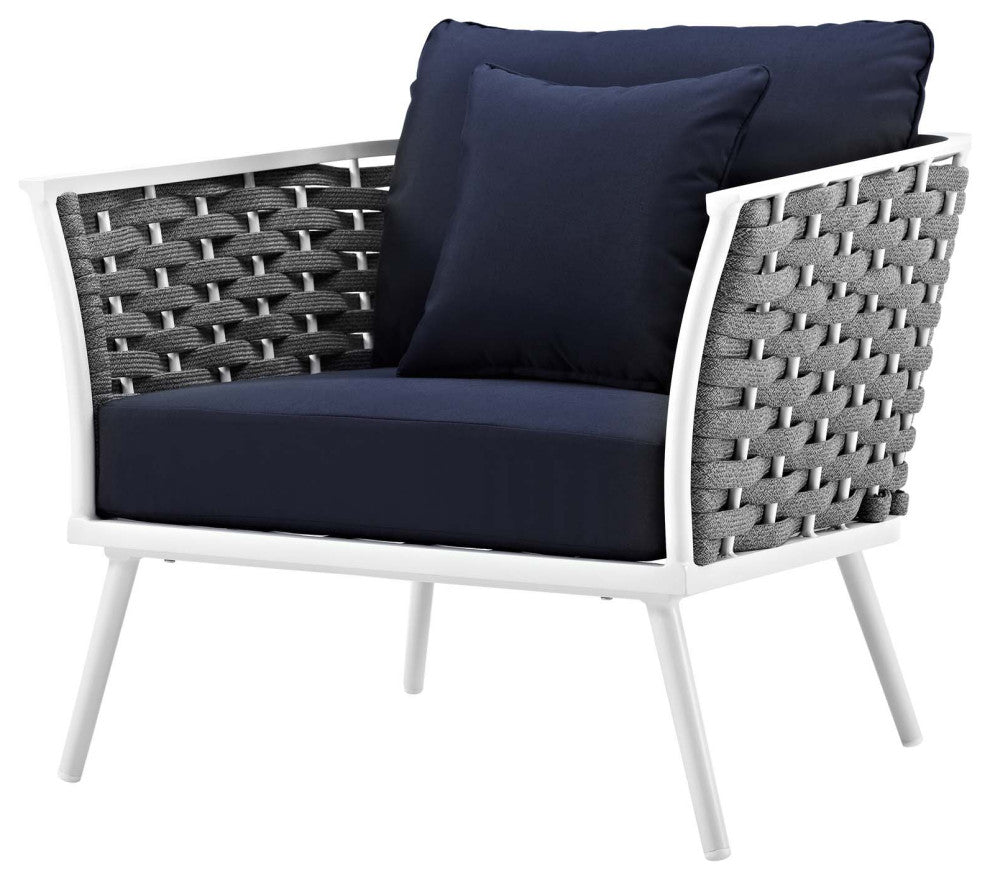 Modern Outdoor Sofa, Chair and Coffee Table Set, Aluminum Fabric, Navy White