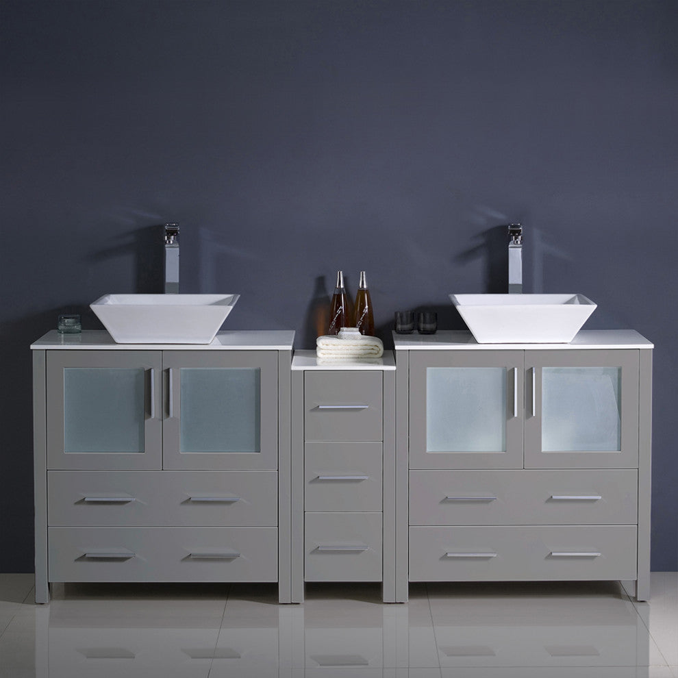 Torino Double Sink Bathroom Cabinets With Tops and Vessel Sinks, Gray 72"