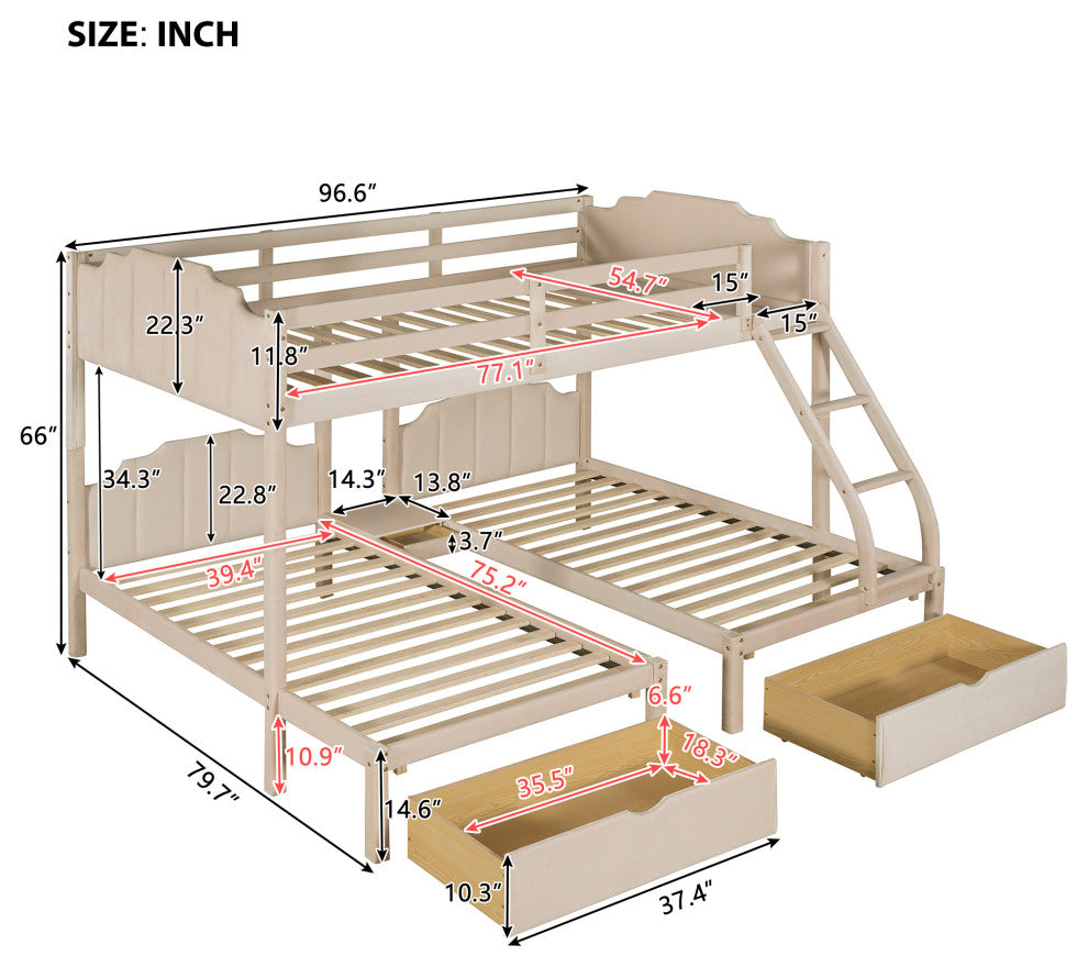 Gewnee Velvet Full Over Twin Triple Bunk Bed with Drawers in Beige