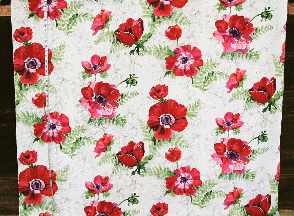 Red Orange Purple Pink Anemone Fabric Floral Watercolor, Standard Cut