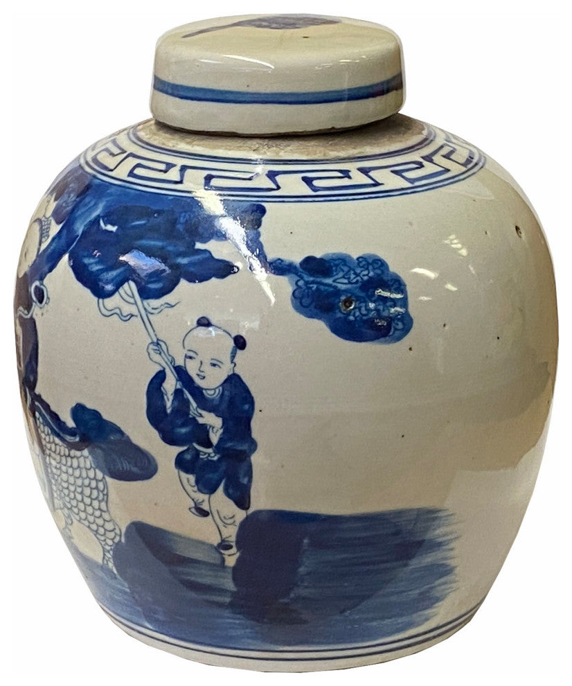 Chinese Blue White Ceramic Kirin Kid Graphic Ginger Jar Hws1862