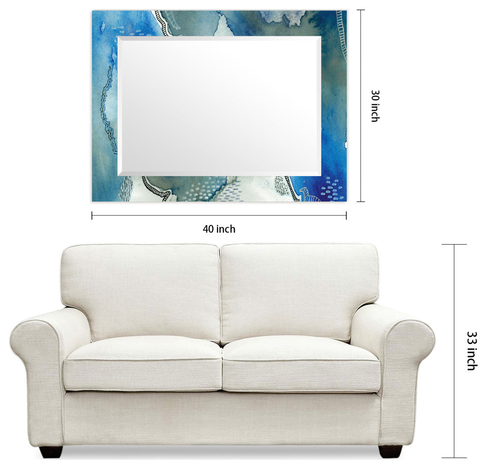 "Subtle Blues" Beveled Mirror on Printed Abstarct Tempered Art Glass, 40x30"