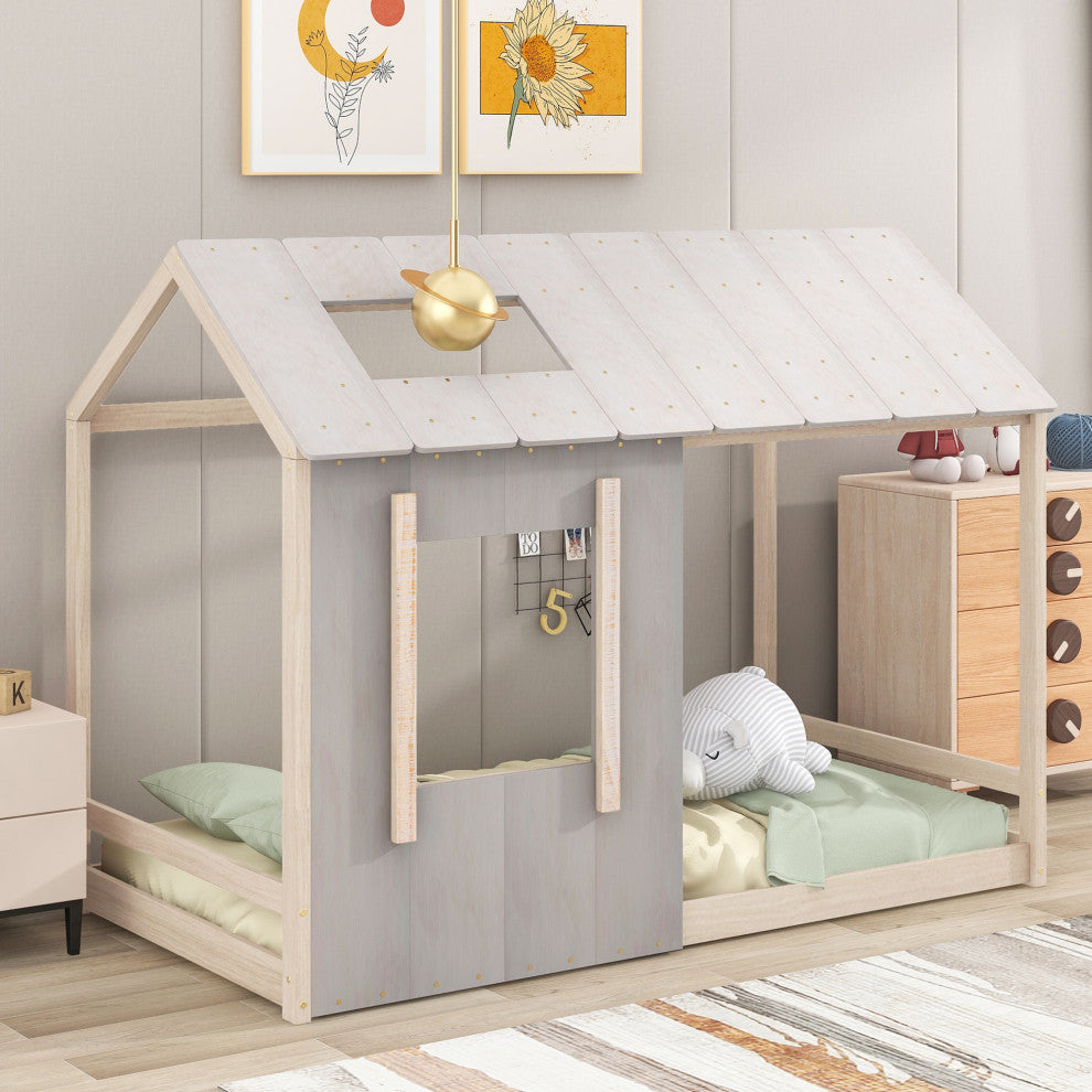 Gewnee Twin Size House Platform with Roof and Window , In Grey
