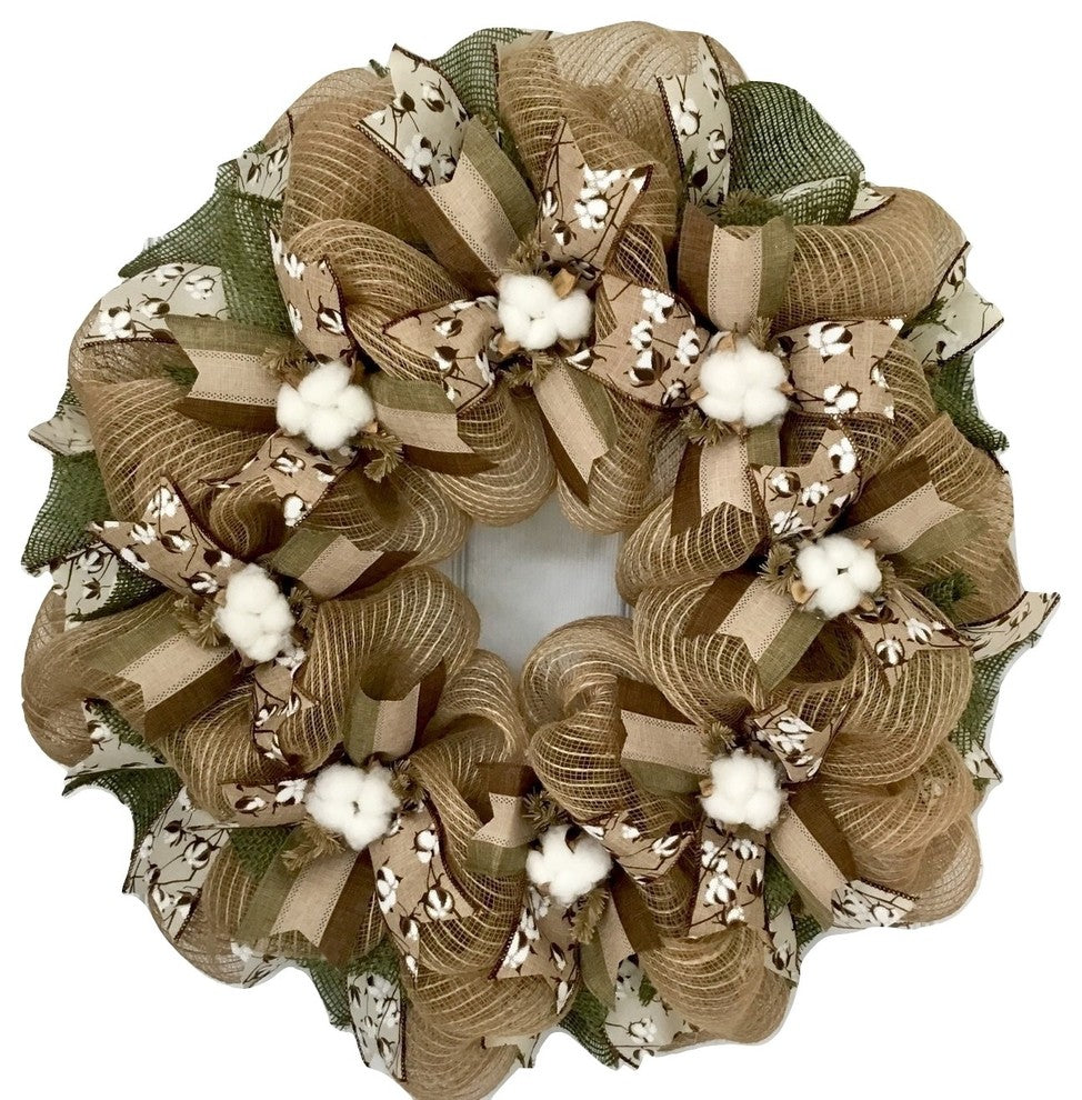 Handmade Deco Mesh Wreath, Cotton Blossom, Burlap