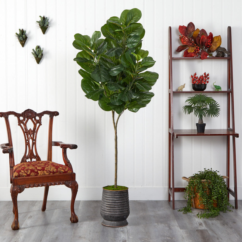 74" Fiddle leaf Fig Artificial Tree, Ribbed Metal Planter