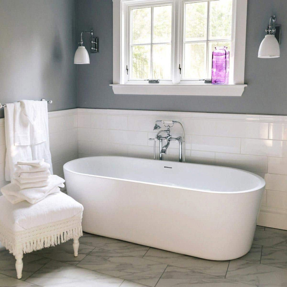 Mia Acrylic Double Ended Freestanding Tub, White / Polished Brass Drain, 47 Inch
