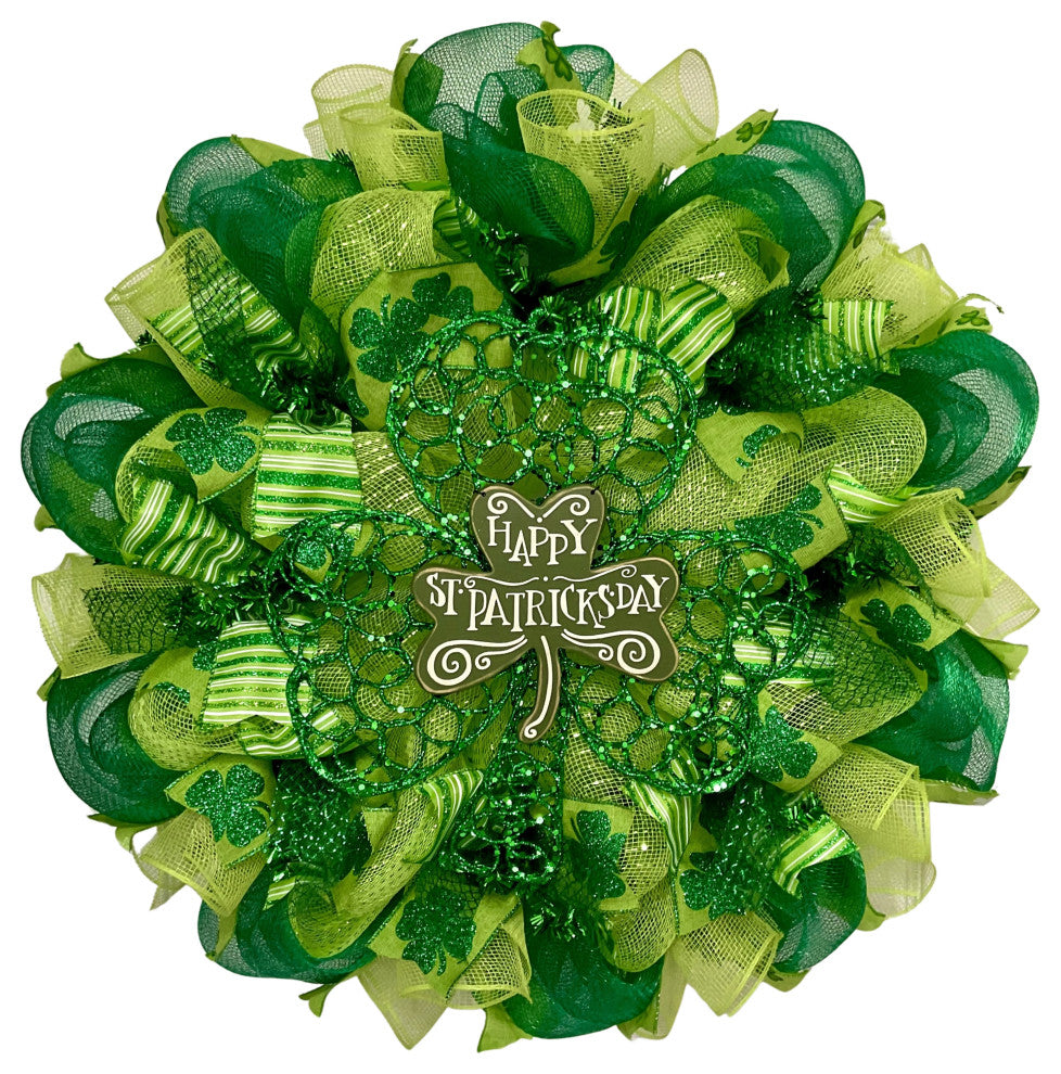 Happy St Patricks Day Glittering Shamrock Wreath Handmade Deco Mesh