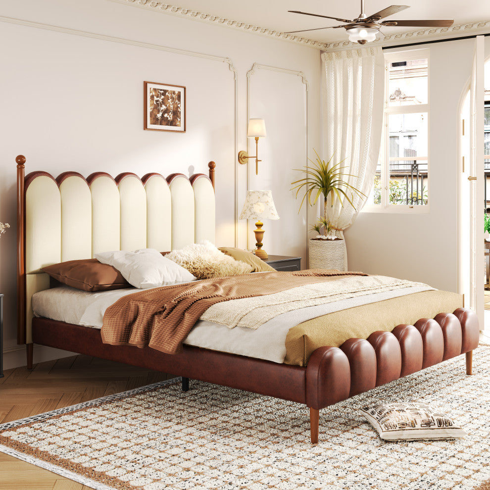 Christopher Knight Home PU Leather Upholstered Queen Platform Bed, Brown + Beige, Wavy Headboard and Footboard Design, image size:990x990