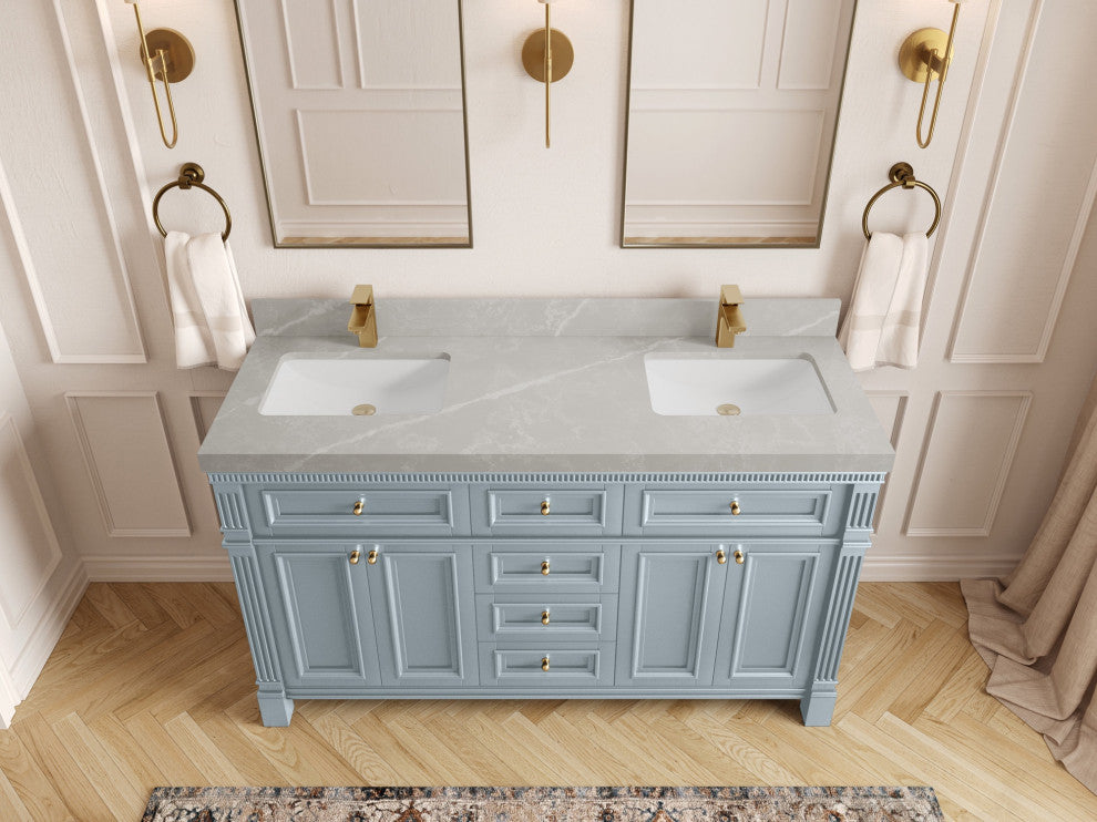 Paris 60" Double Sink Bathroom Vanity, Blue Heather 2" Pearl Gray