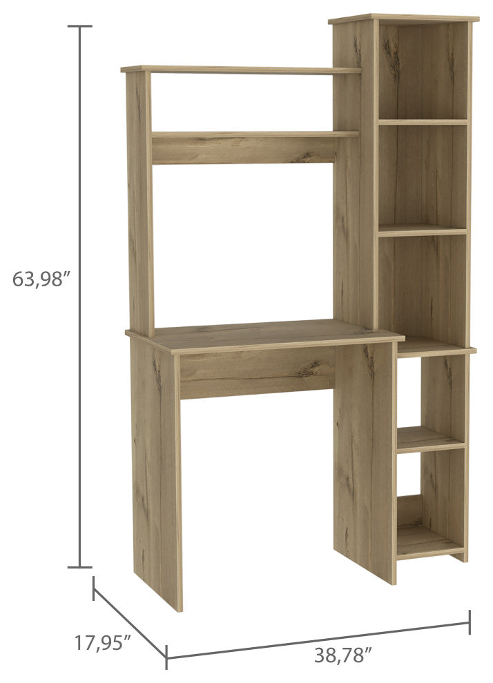 TATEUS 6-Shelf Home Office Writing Desk with Built-in Bookcase, Light Oak
