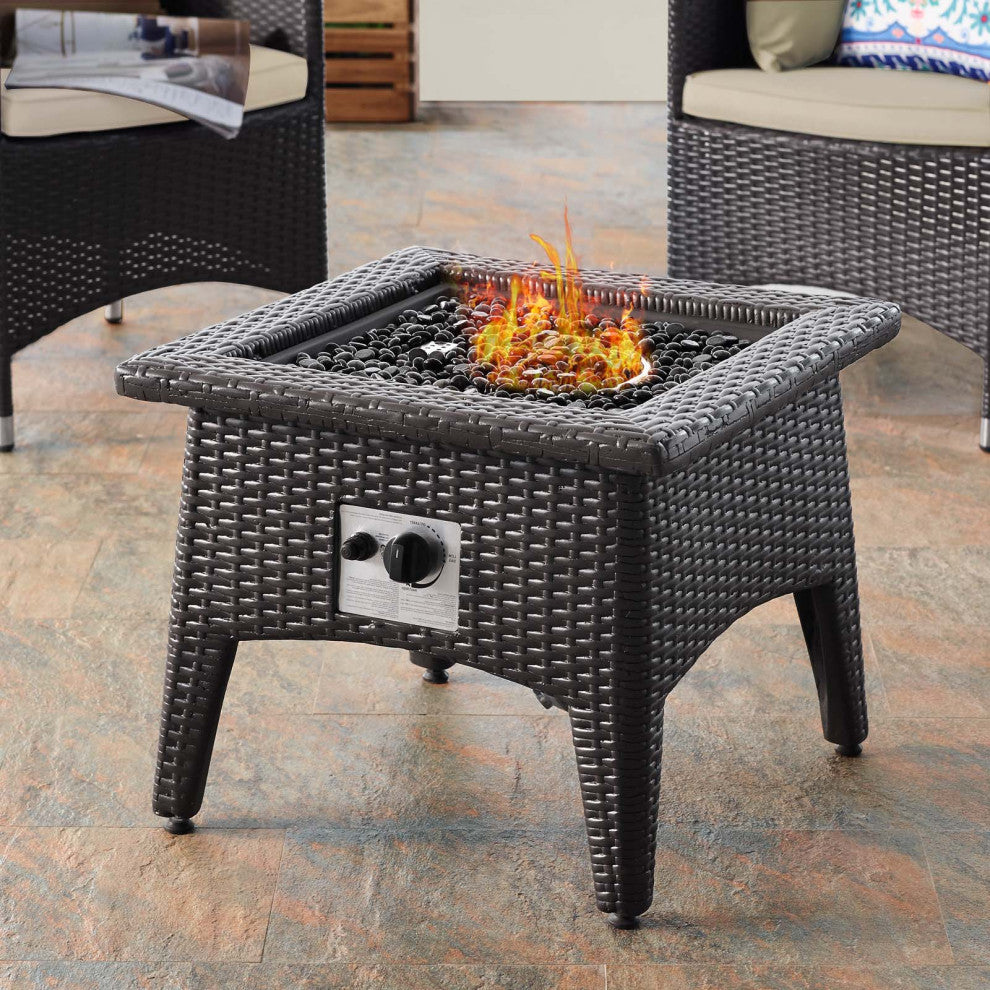 Modern Outdoor Patio Coffee Fire Pit Table and Chair Set, Fabric Rattan, Beige