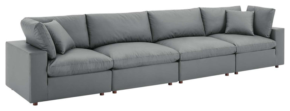 Commix Down Filled Overstuffed Vegan Leather 4-Seater Sofa - Gray